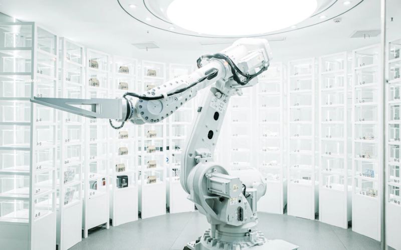 White industrial robot arm in a bright automated facility