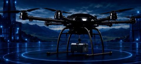 Heavy-lift multi-rotor drone carrying a cargo box