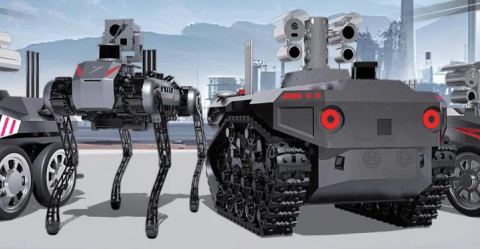 An explosion-proof quadruped and a tracked inspection robot side by side on an industrial site