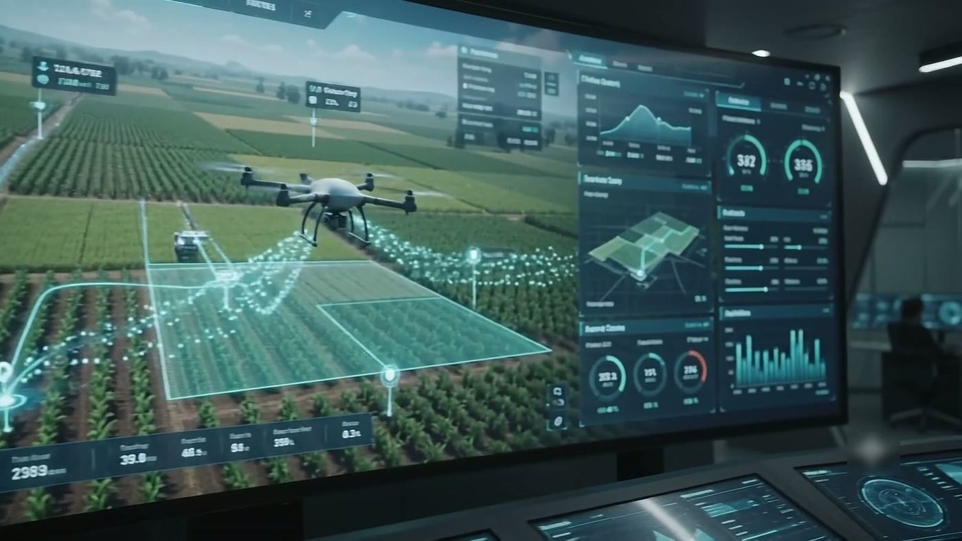 A supervisor's wall of screens showing a drone and a field robot on the live twin